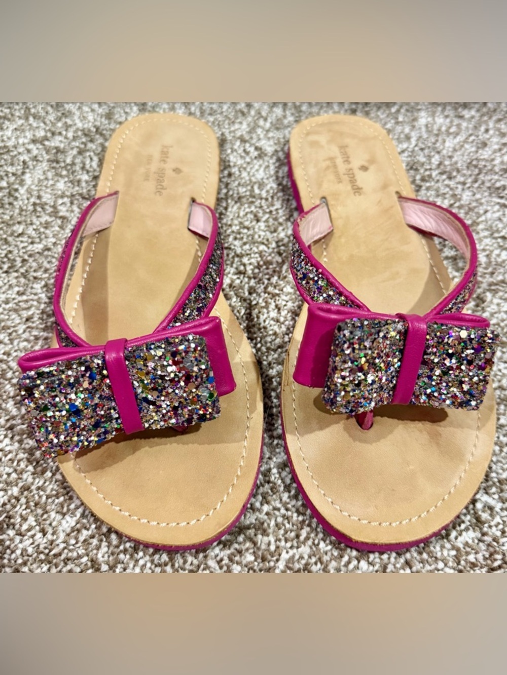 Kate Spade New York Icarda Pink Glitter Bow Slip On Flip Flops Sandal Size 7